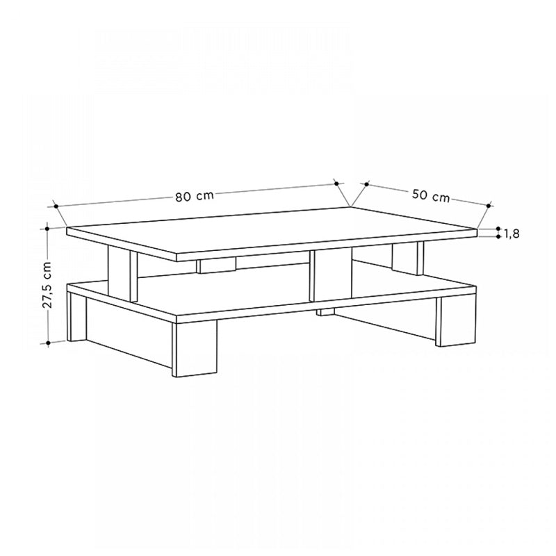 LISA Coffee Table in oak melamine, measuring 80x50x27 cm, featuring a sleek design and a storage shelf.