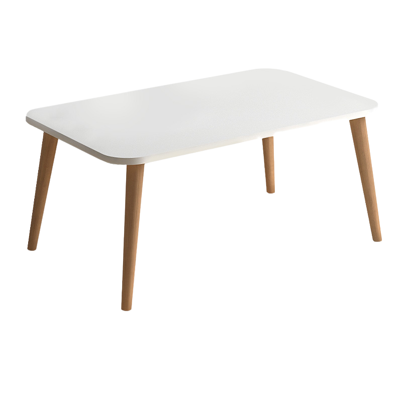 Coffee Table LUISE in white with solid beech wood legs, showcasing a modern design and durable melamine surface.