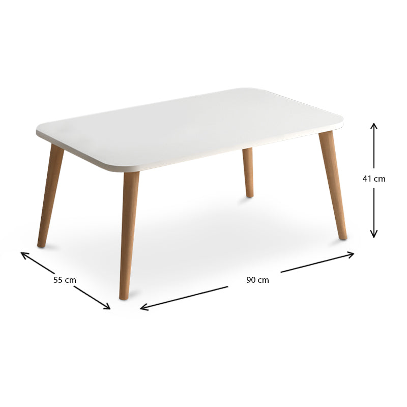 Coffee Table LUISE in white with solid beech wood legs, showcasing a modern design and durable melamine surface.