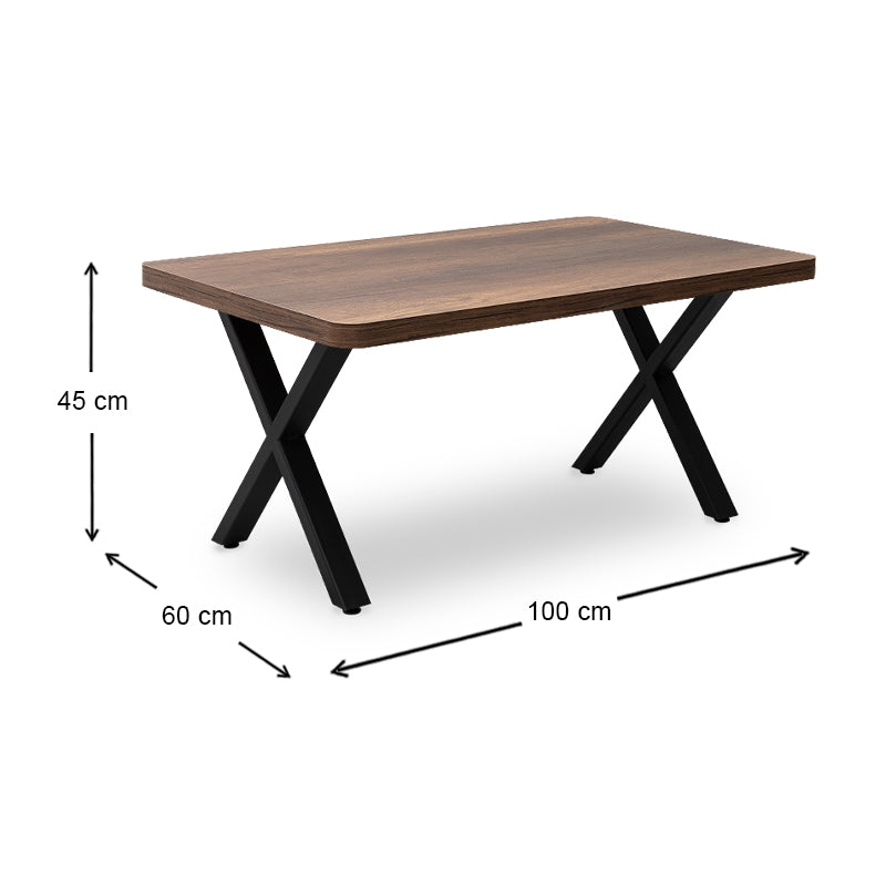 MALVIN Coffee Table in walnut finish with black metal base, dimensions 100x60x45 cm, perfect for home or office use.