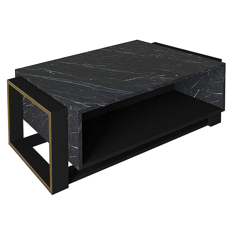 Coffee Table MARINA featuring a black marble effect with gold details, measuring 107x60x40 cm, designed for elegance and durability.