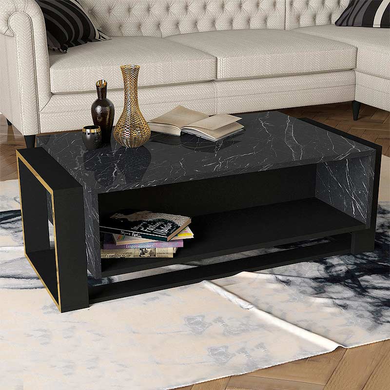 Coffee Table MARINA featuring a black marble effect with gold details, measuring 107x60x40 cm, designed for elegance and durability.