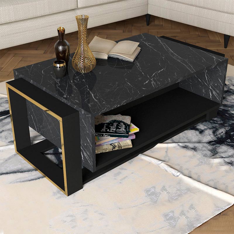 Coffee Table MARINA featuring a black marble effect with gold details, measuring 107x60x40 cm, designed for elegance and durability.