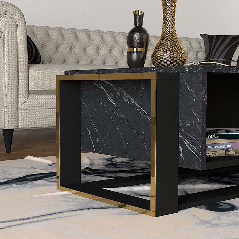 Coffee Table MARINA featuring a black marble effect with gold details, measuring 107x60x40 cm, designed for elegance and durability.