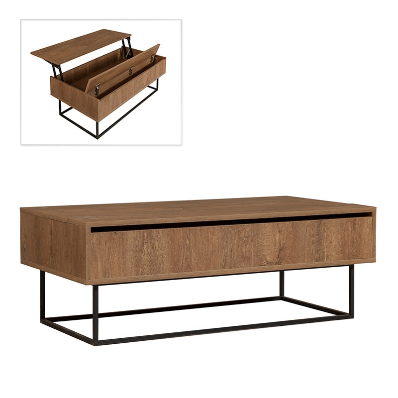 MARTINIQUE Coffee Table in walnut finish with adjustable top and metal legs, showcasing its modern design and functional features.