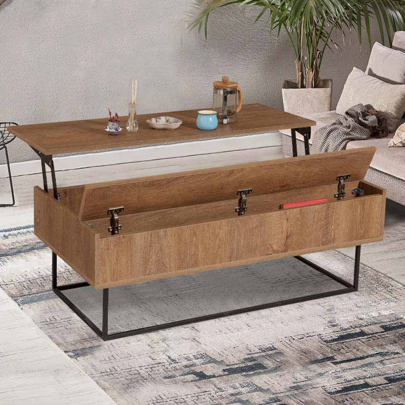 MARTINIQUE Coffee Table in walnut finish with adjustable top and metal legs, showcasing its modern design and functional features.