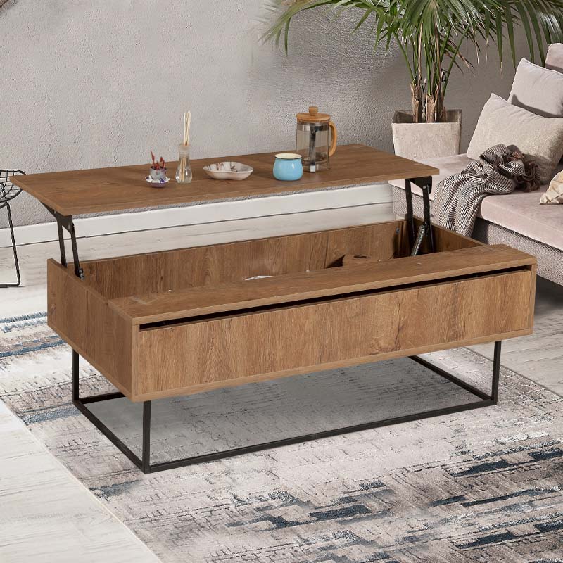 MARTINIQUE Coffee Table in walnut finish with adjustable top and metal legs, showcasing its modern design and functional features.