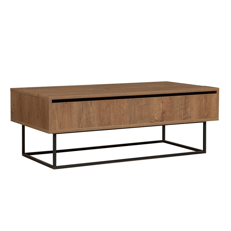 MARTINIQUE Coffee Table in walnut finish with adjustable top and metal legs, showcasing its modern design and functional features.