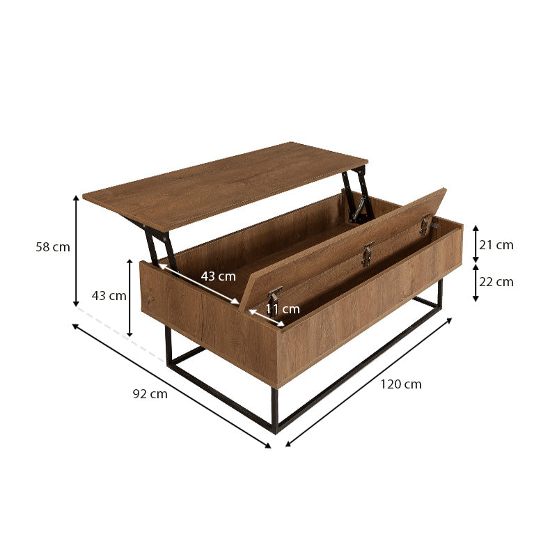 MARTINIQUE Coffee Table in walnut finish with adjustable top and metal legs, showcasing its modern design and functional features.