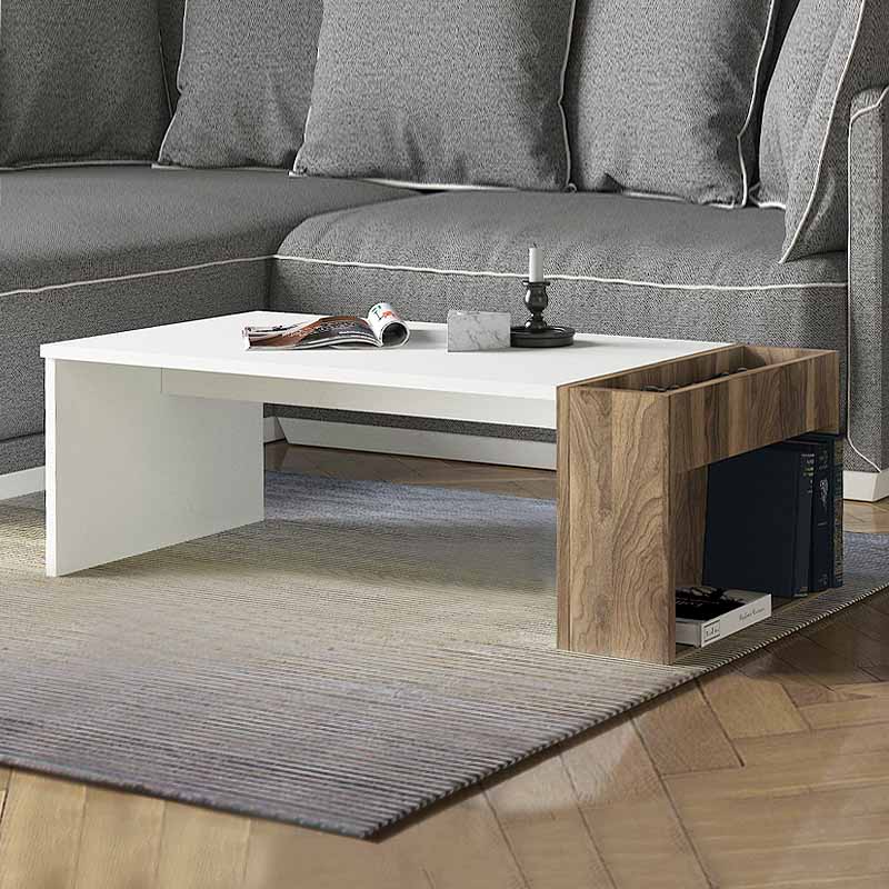 PAX Coffee Table in White and Walnut, showcasing its elegant design and compact dimensions.