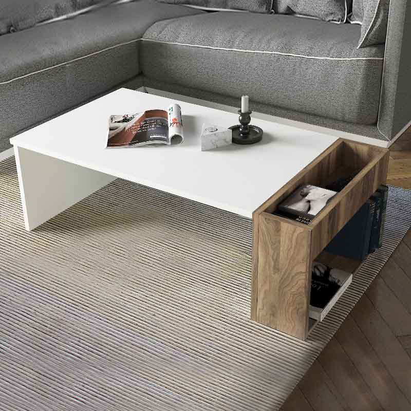 PAX Coffee Table in White and Walnut, showcasing its elegant design and compact dimensions.