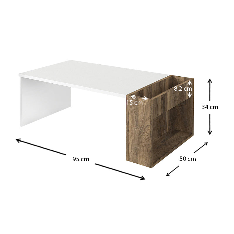 PAX Coffee Table in White and Walnut, showcasing its elegant design and compact dimensions.