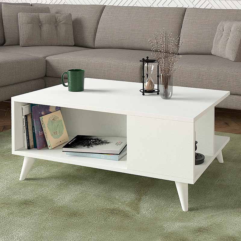 Stylish white Coffee Table PEDRO with melamine finish, dimensions 90x60x38.6 cm, perfect for modern interiors.