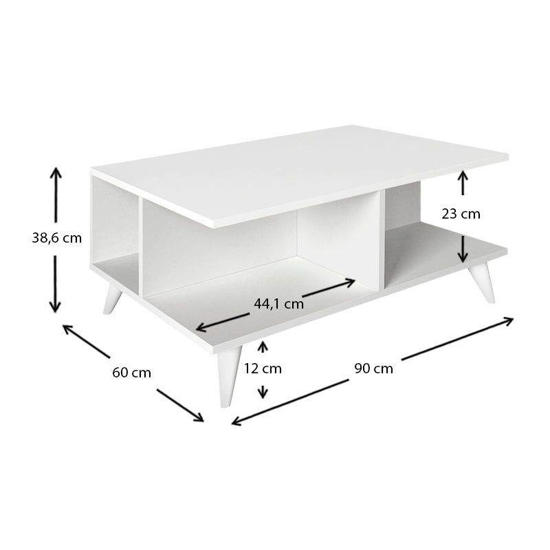 Stylish white Coffee Table PEDRO with melamine finish, dimensions 90x60x38.6 cm, perfect for modern interiors.