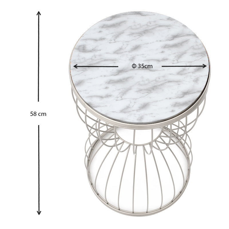 PERLA Coffee Table featuring a white marble effect, made of MDF and metal, measuring 35x35x58 cm, ideal for modern interiors.