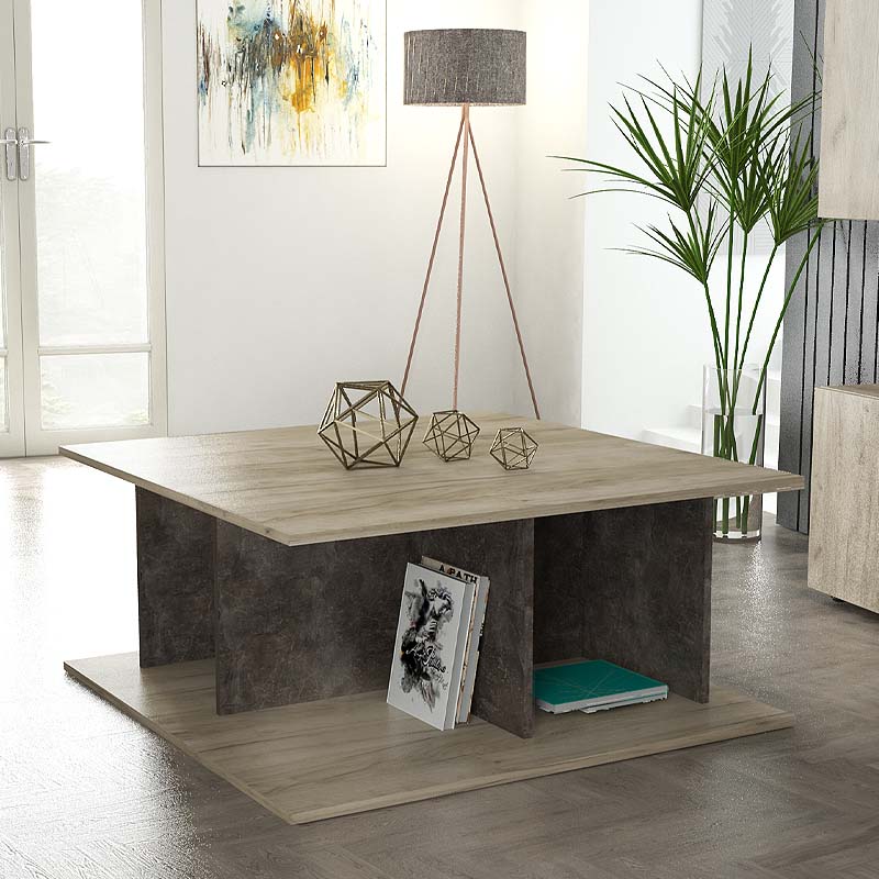 Coffee Table ROBERT in Grey Oak - Dark, featuring a sleek design and sturdy melamine construction, dimensions 90x90x42 cm.