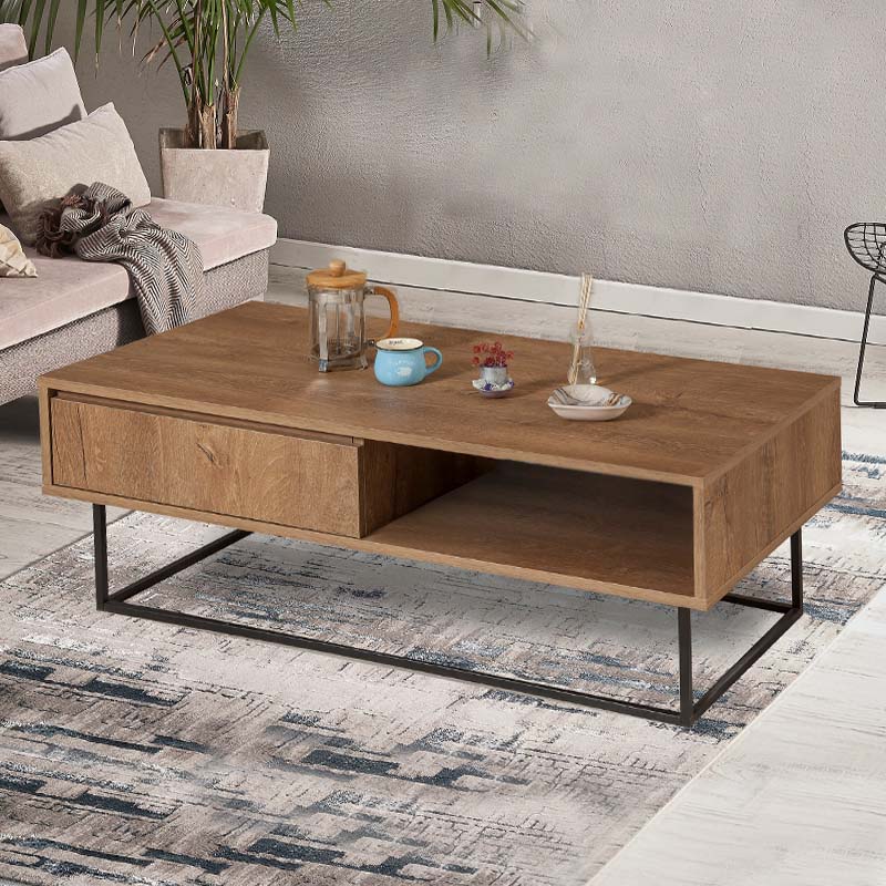 SASCHA Coffee Table in walnut finish with lift-top mechanism and metal legs, perfect for modern living spaces.