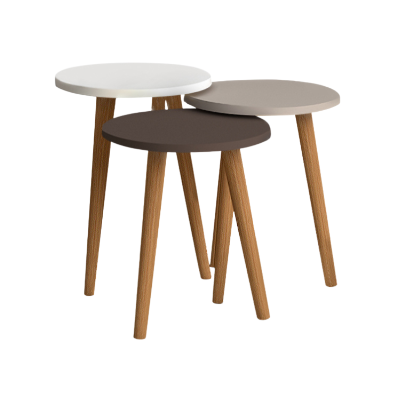 CHIARA Coffee Table Set featuring three tables in white, cappuccino, and brown colors with solid beech wood legs.