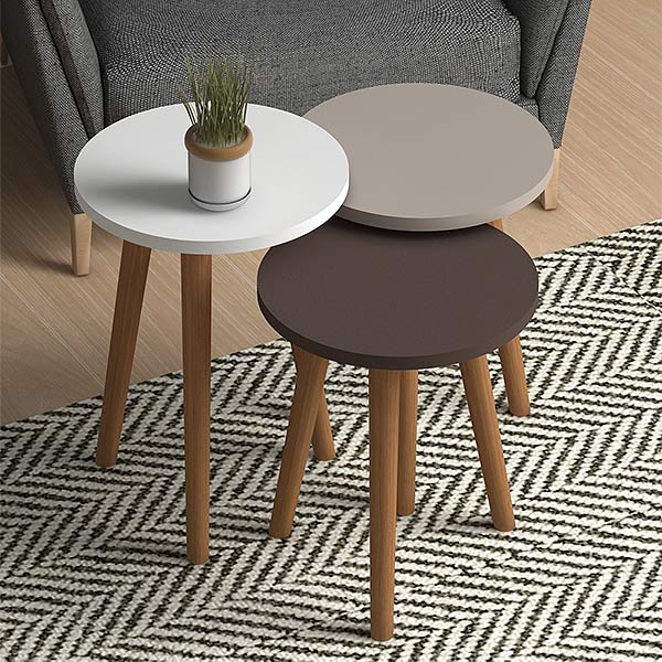 CHIARA Coffee Table Set featuring three tables in white, cappuccino, and brown colors with solid beech wood legs.