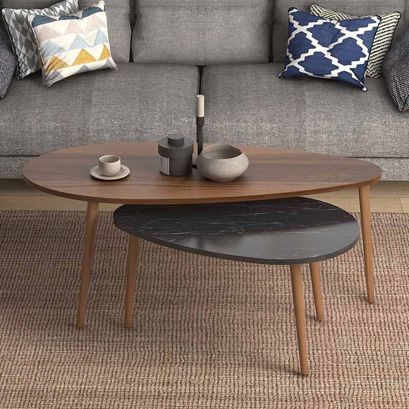 HARMONIA Coffee Table Set featuring walnut and black marble effect, showcasing large and small tables with solid beech wood legs.