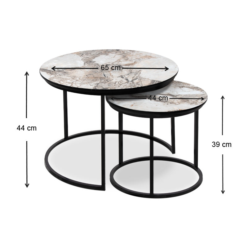 JULIUS Coffee Table Set featuring beige marble effect and black metal base, showcasing two round tables in a stylish living room setting.