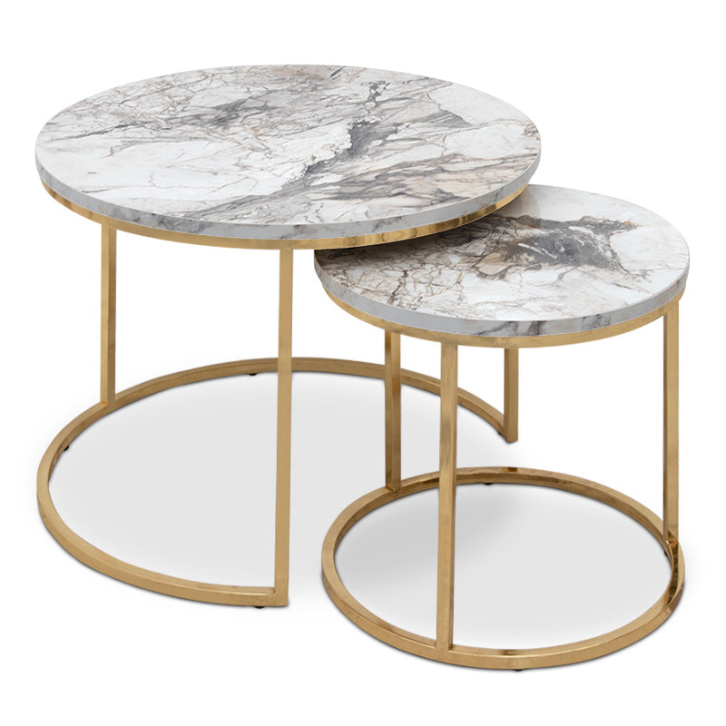 JULIUS Coffee Table Set featuring beige marble effect and gold metal base, showcasing two round tables in a stylish living room setting.