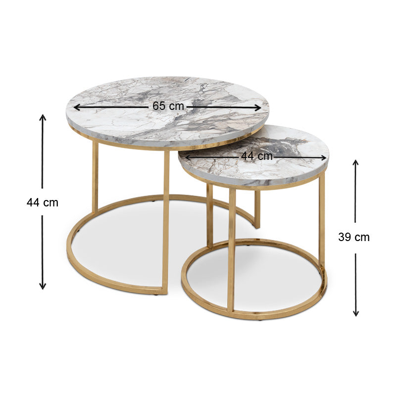 JULIUS Coffee Table Set featuring beige marble effect and gold metal base, showcasing two round tables in a stylish living room setting.