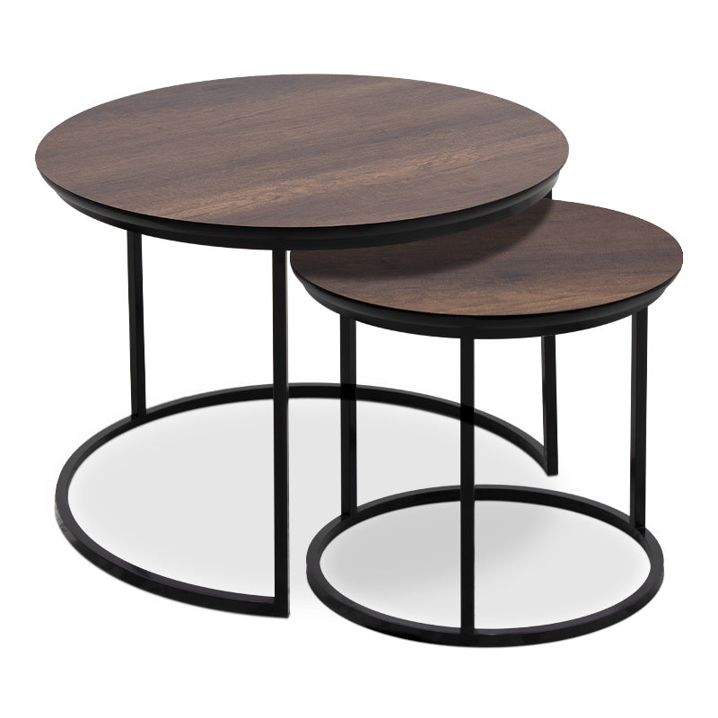 JULIUS Coffee Table Set in walnut finish featuring two round tables, one large and one small, with a black metal base.