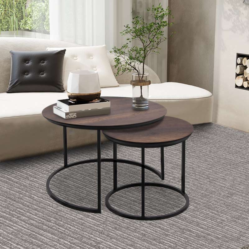 JULIUS Coffee Table Set in walnut finish featuring two round tables, one large and one small, with a black metal base.