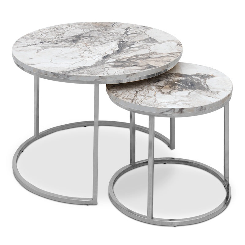 JULIUS Marble Effect Coffee Table Set featuring a beige marble surface and chrome metal base, including two round tables of different sizes.