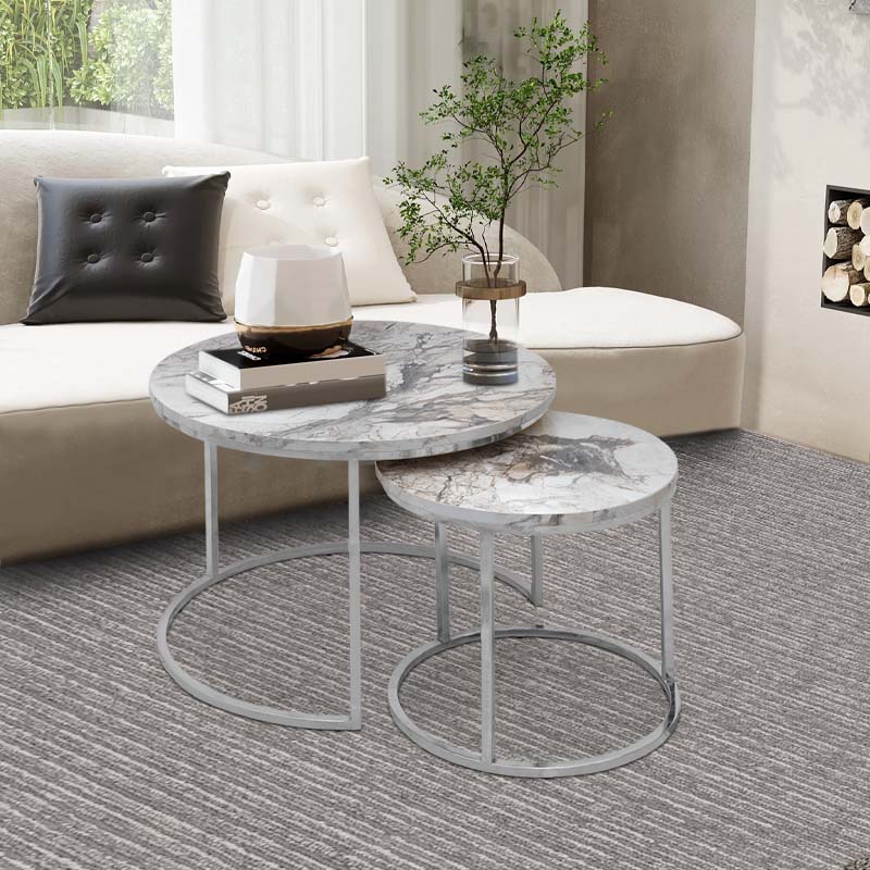 JULIUS Marble Effect Coffee Table Set featuring a beige marble surface and chrome metal base, including two round tables of different sizes.