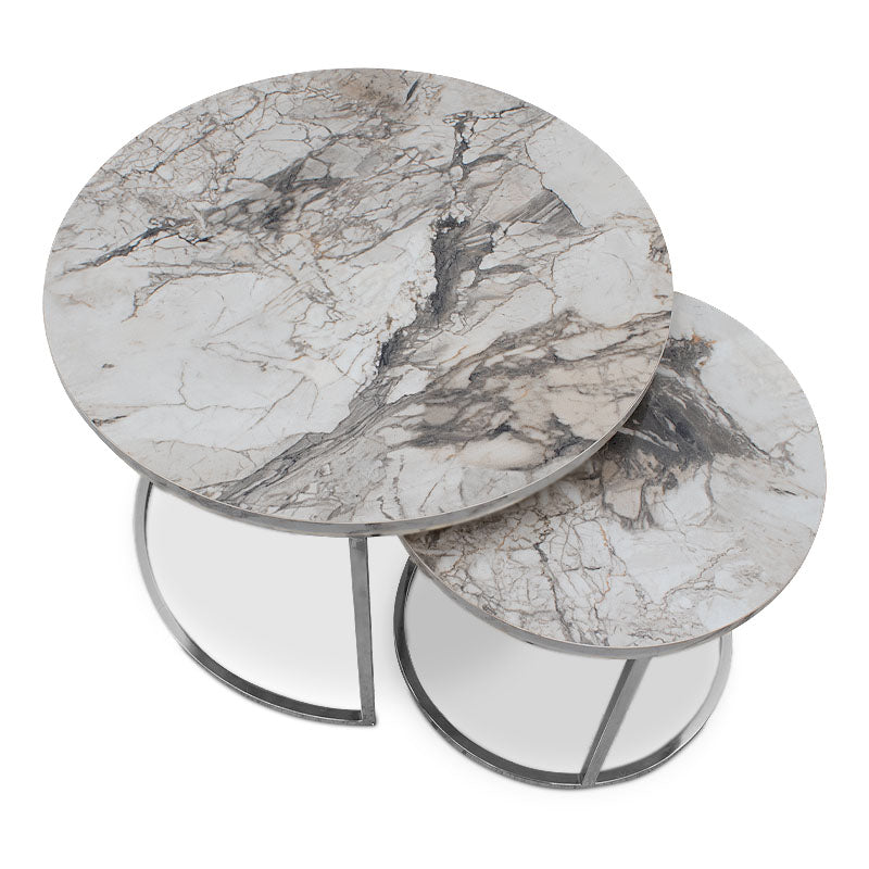 JULIUS Marble Effect Coffee Table Set featuring a beige marble surface and chrome metal base, including two round tables of different sizes.