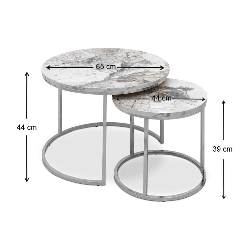 JULIUS Marble Effect Coffee Table Set featuring a beige marble surface and chrome metal base, including two round tables of different sizes.