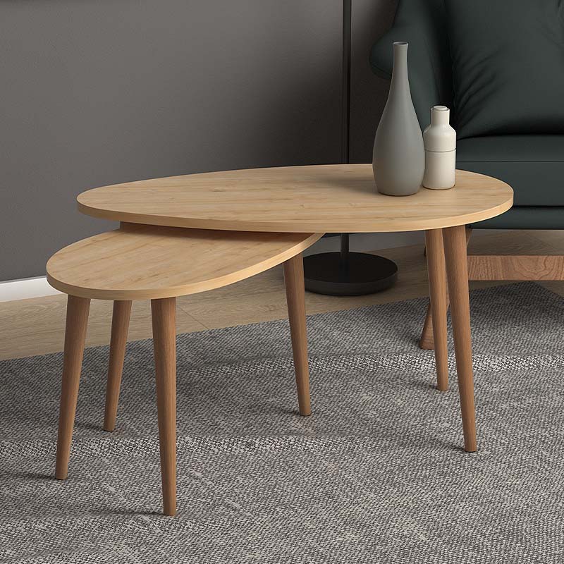 LUANA Oak Coffee Table Set featuring two melamine tables with solid beech wood legs in an elegant oak finish.