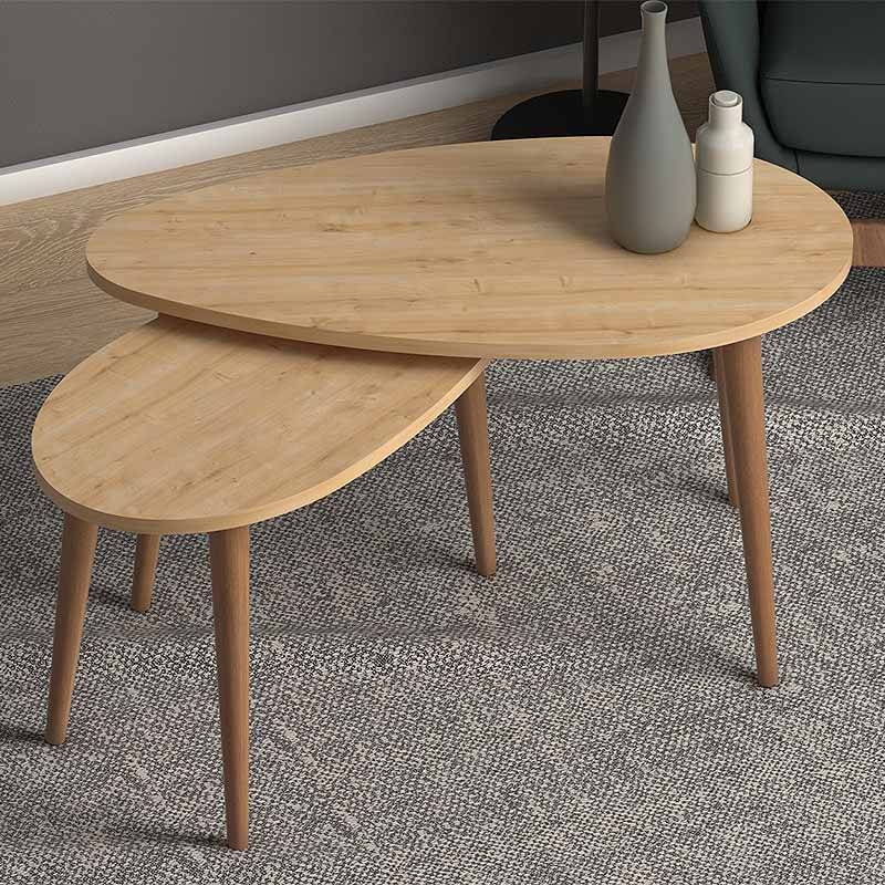 LUANA Oak Coffee Table Set featuring two melamine tables with solid beech wood legs in an elegant oak finish.