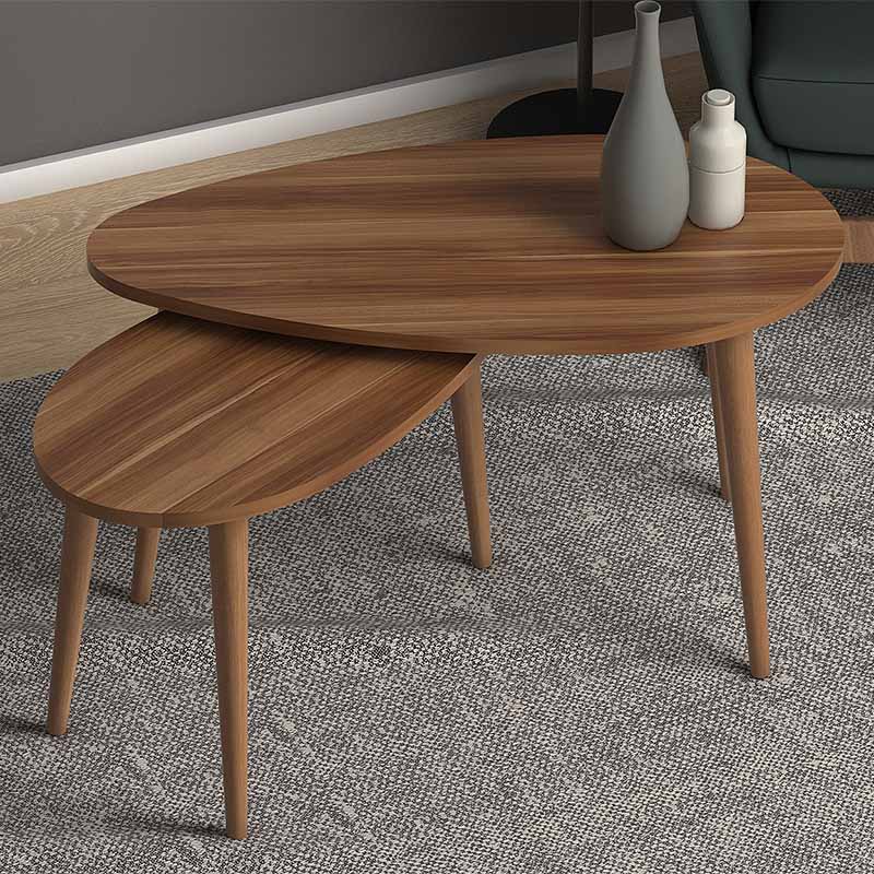 LUANA Walnut Coffee Table Set featuring two melamine tables with solid beech wood legs, showcasing a rich walnut color finish.