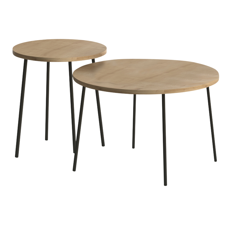 ROUND Oak Coffee Table Set featuring two tables with melamine oak finish and black metal legs, ideal for modern interiors.