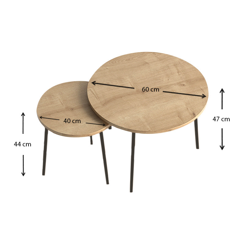 ROUND Oak Coffee Table Set featuring two tables with melamine oak finish and black metal legs, ideal for modern interiors.