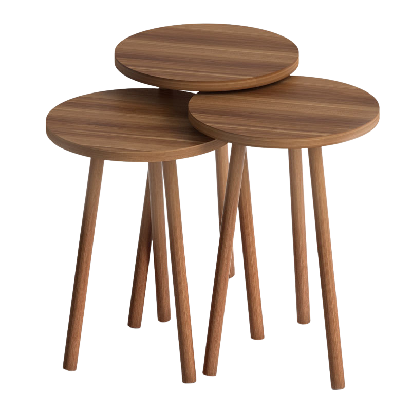 TINA Walnut Coffee Table Set featuring three tables in varying sizes with a melamine top and solid beech wood legs.