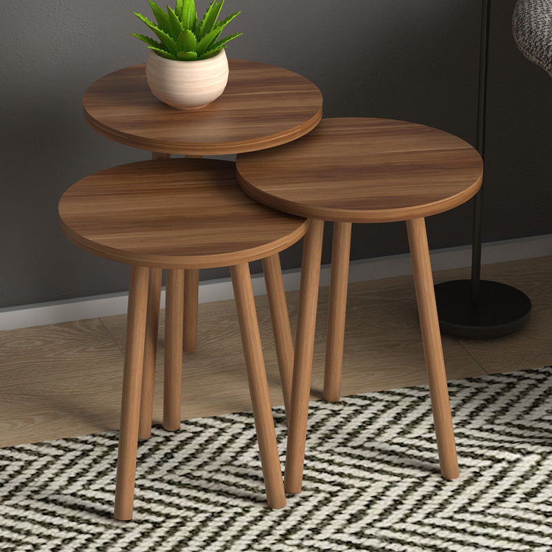 TINA Walnut Coffee Table Set featuring three tables in varying sizes with a melamine top and solid beech wood legs.