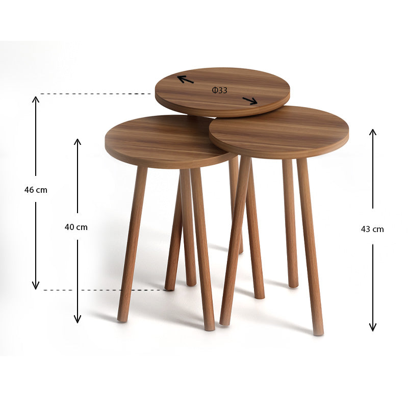 TINA Walnut Coffee Table Set featuring three tables in varying sizes with a melamine top and solid beech wood legs.