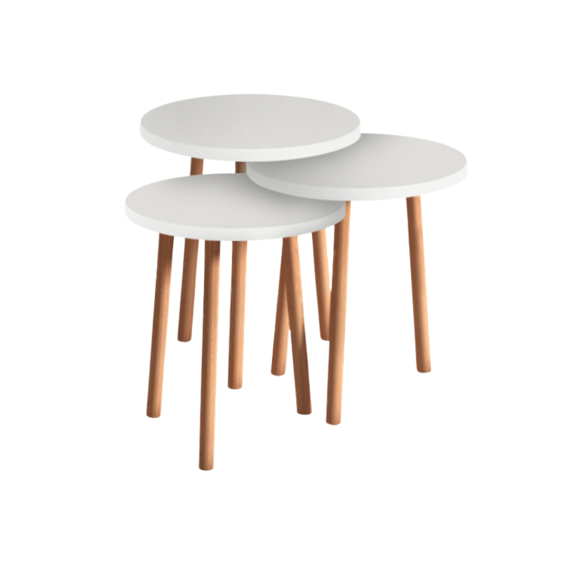 TINA White Coffee Table Set featuring three tables of varying sizes, made from melamine with solid beech wood legs.