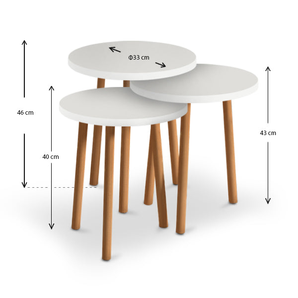 TINA White Coffee Table Set featuring three tables of varying sizes, made from melamine with solid beech wood legs.