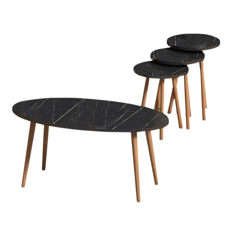 GOTI Coffee Table and Side Table Set featuring a black marble effect, showcasing elegant design and sturdy beech wood legs.