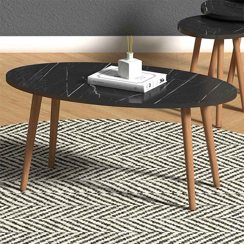 GOTI Coffee Table and Side Table Set featuring a black marble effect, showcasing elegant design and sturdy beech wood legs.