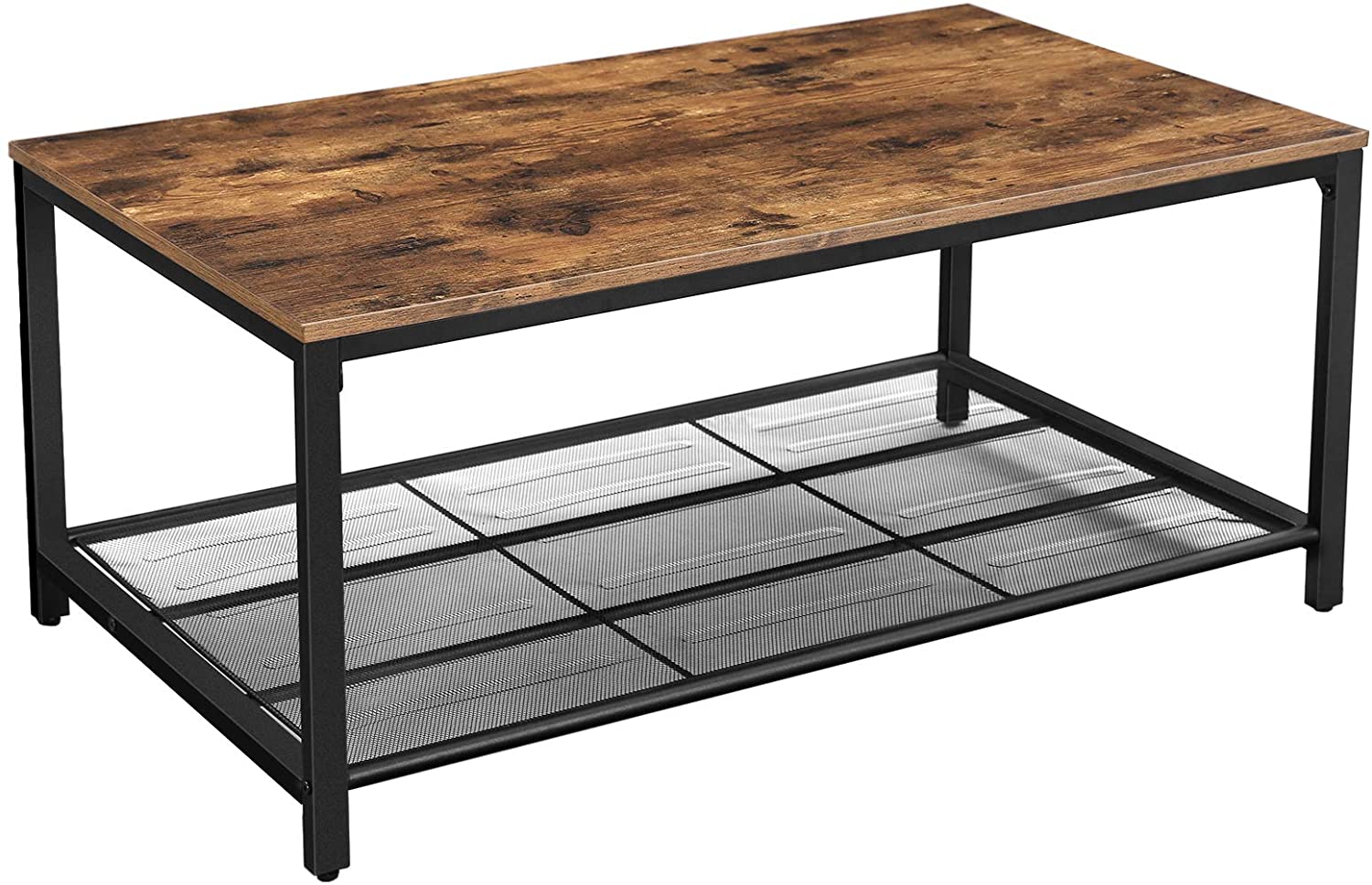 Rustic brown coffee table with dense mesh shelf and black iron legs, perfect for living room decor.