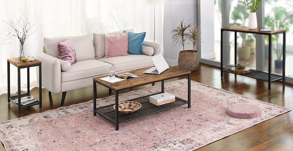 Rustic brown coffee table with dense mesh shelf and black iron legs, perfect for living room decor.