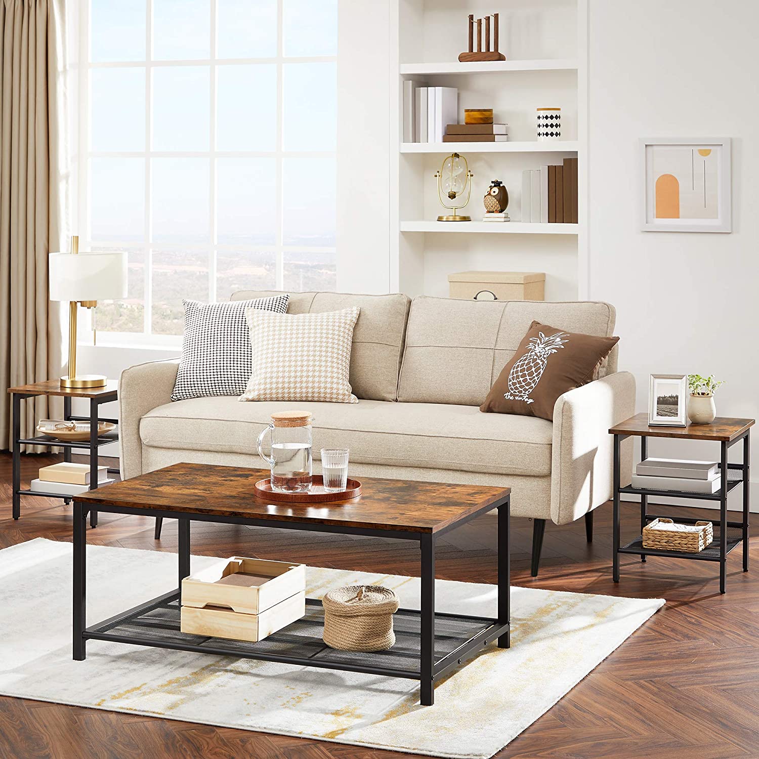 Rustic brown coffee table with dense mesh shelf and black iron legs, perfect for living room decor.