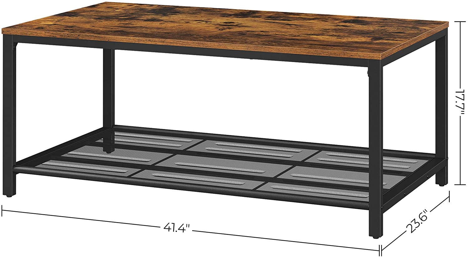 Rustic brown coffee table with dense mesh shelf and black iron legs, perfect for living room decor.