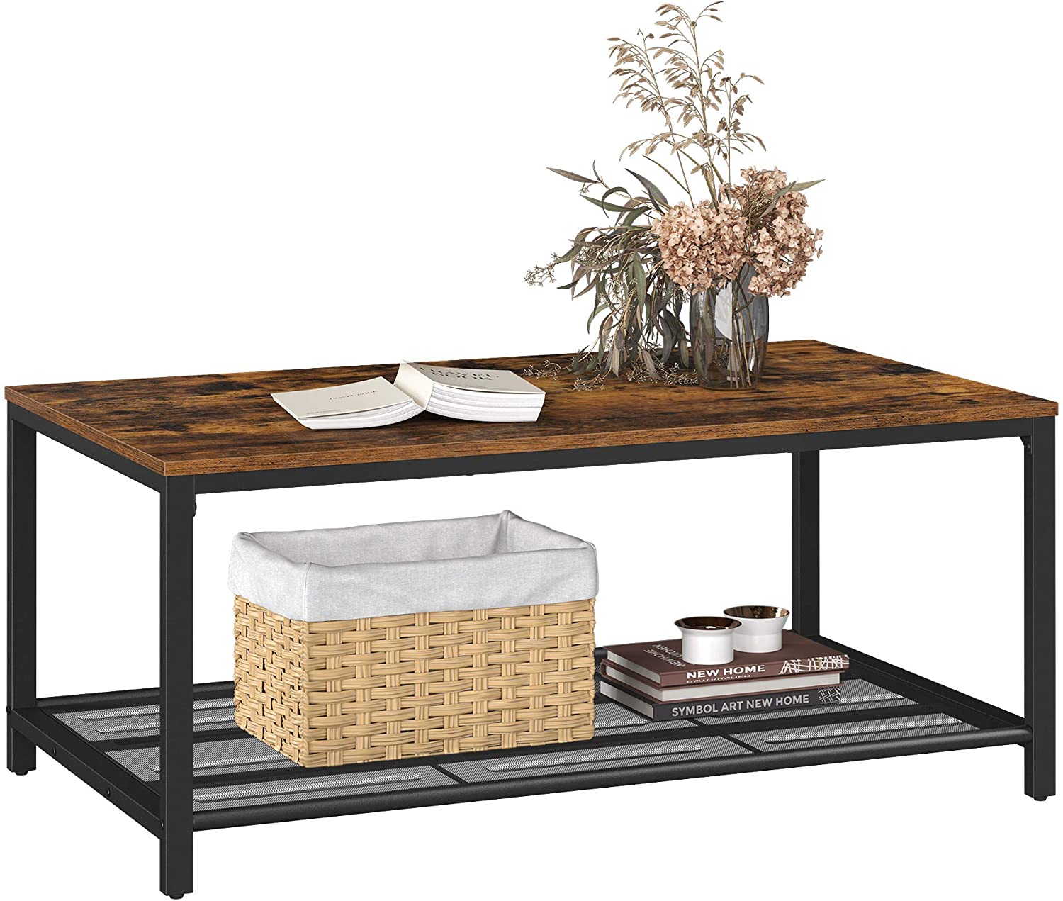 Rustic brown coffee table with dense mesh shelf and black iron legs, perfect for living room decor.